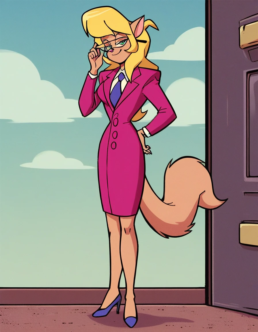 score_9, score_8_up, score_7_up, score_6_up, score_5_up, score_4_up, (Source furry),   1girl, glasses, callie briggs, pink suit, detailed, detailed fur, (((skirt suit))), (((three-piece suit))), (((dress shirt))), (((necktie))), (((pink blazer))), (((suit jacket))), ((waistcoat)), double-breasted waistcoat, (((bodycon miniskirt))), pocket square, cufflinks, tie clip, high heels, hand on waist, sassy, smug, bedroom eyes, detailed clothing, shiny clothing