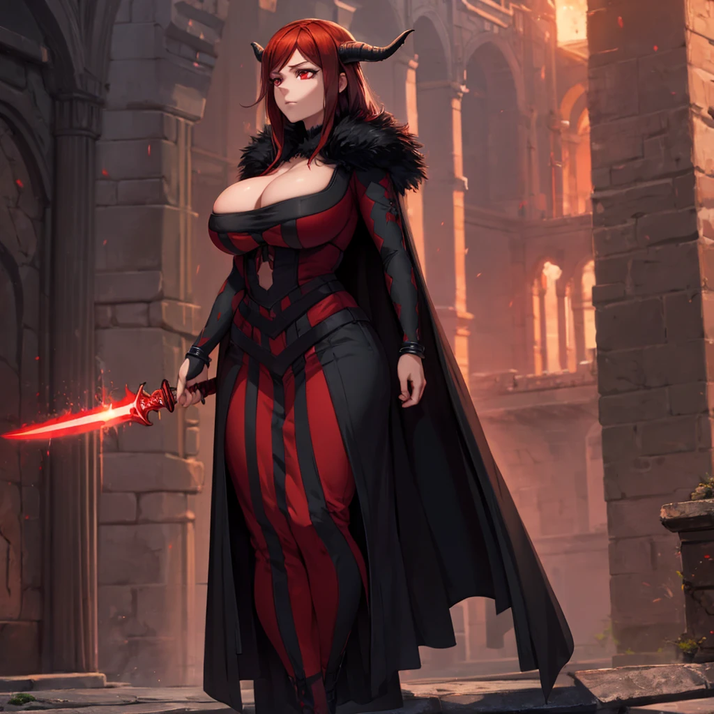 A woman wearing heavy black armor with ruby ​​detailing, black metal bracelet, black metal boots, wearing a horned helm, large breasts, long black fur cape, red auburn hair, ruby ​​red eyes, holding a sword red with ruby, standing upright, red aura, red lightning, on a concrete platform, Gothic style castle behind, castle with black material, red sky.,(woman alone),UHD , prime work , accurate , anatomically correct , textured skin , super details , high quality , best quality, 8k, high resolution, bokeh effect, 
