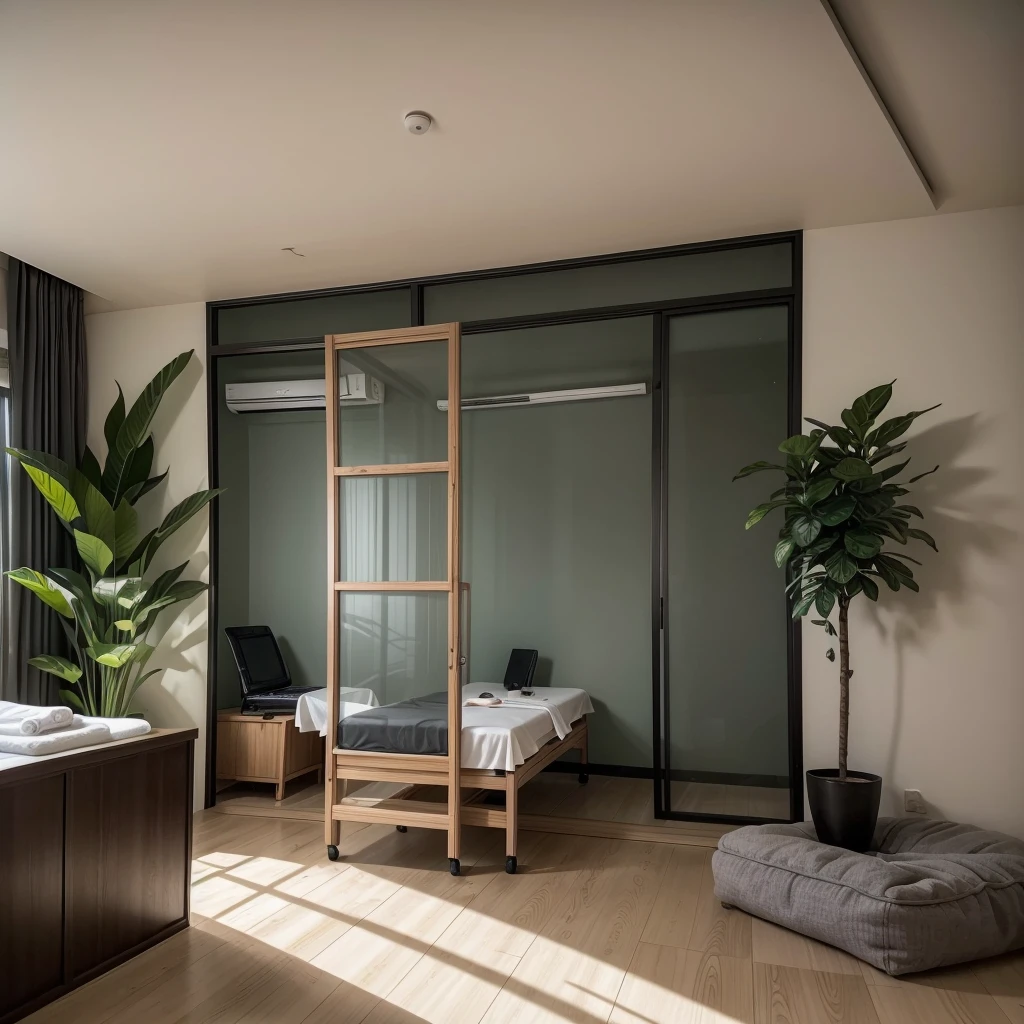 make a massage spa room with the size of 5x5 square meters with gray walls, an air conditioner and some artificial plants below the air conditioner with a massage table in the middle of the room and at the back of the room an office table with a notebook on top