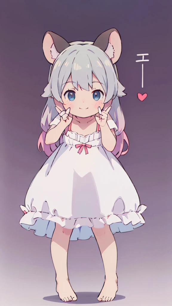 ((masterpiece))((Highest quality))Mouse Ears、girl、smile、blush、Flat Chest、Are thin、、low length、Gray Hair、blush、Are standing、Whole body image、Even your toes are visible、Eye level on face、front、No background、Mouse pose、真frontのアングル