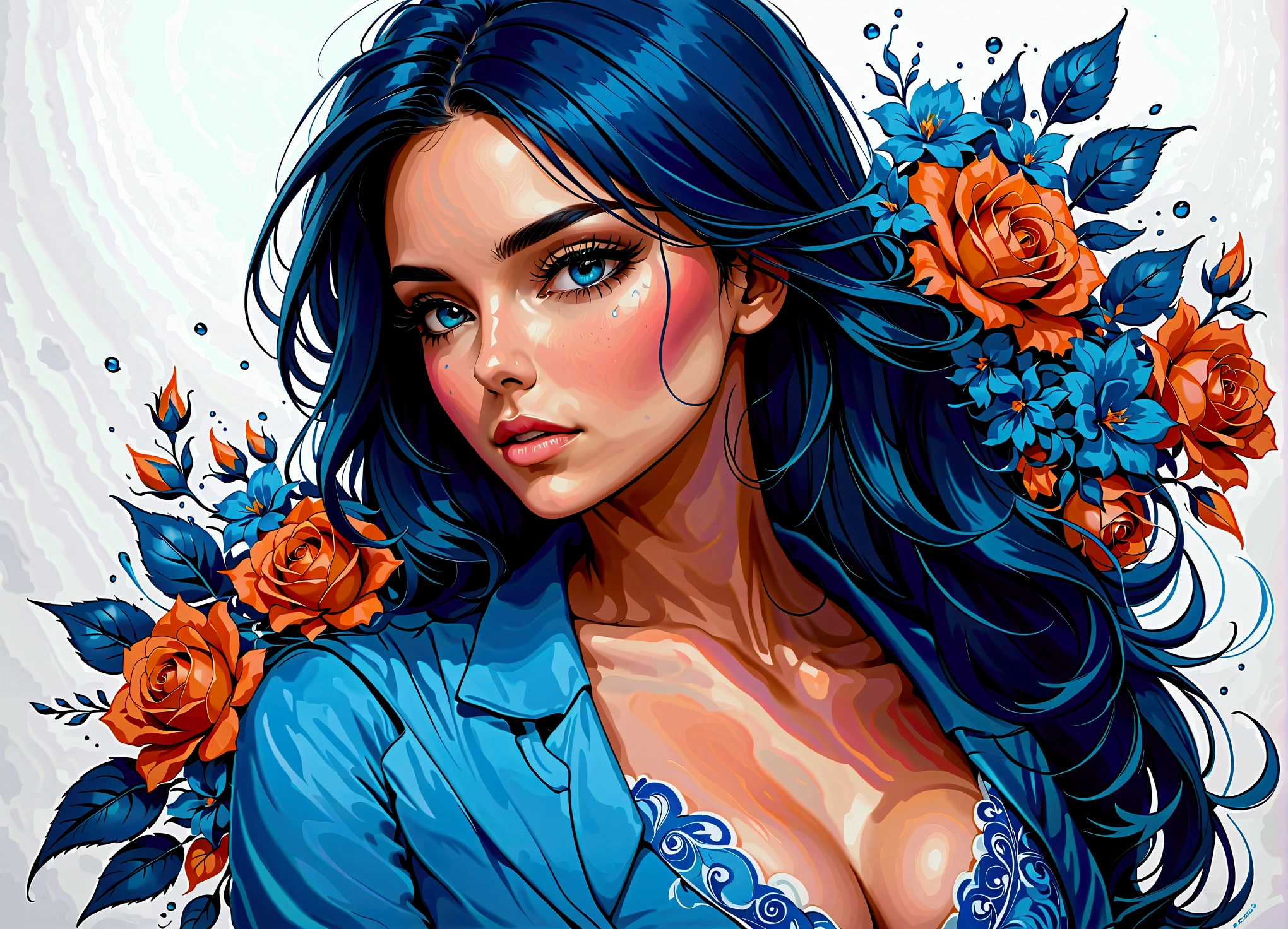 A beautiful woman, highlighted in vibrant colors like a colored pencil drawing, taking hair out of your face. The woman is very well dressed in a mix of blue tones, rosa e laranja, with intricate details highlighting their garments. All around you are splashes of color similar to watercolors.., with flowers and drops of paint..