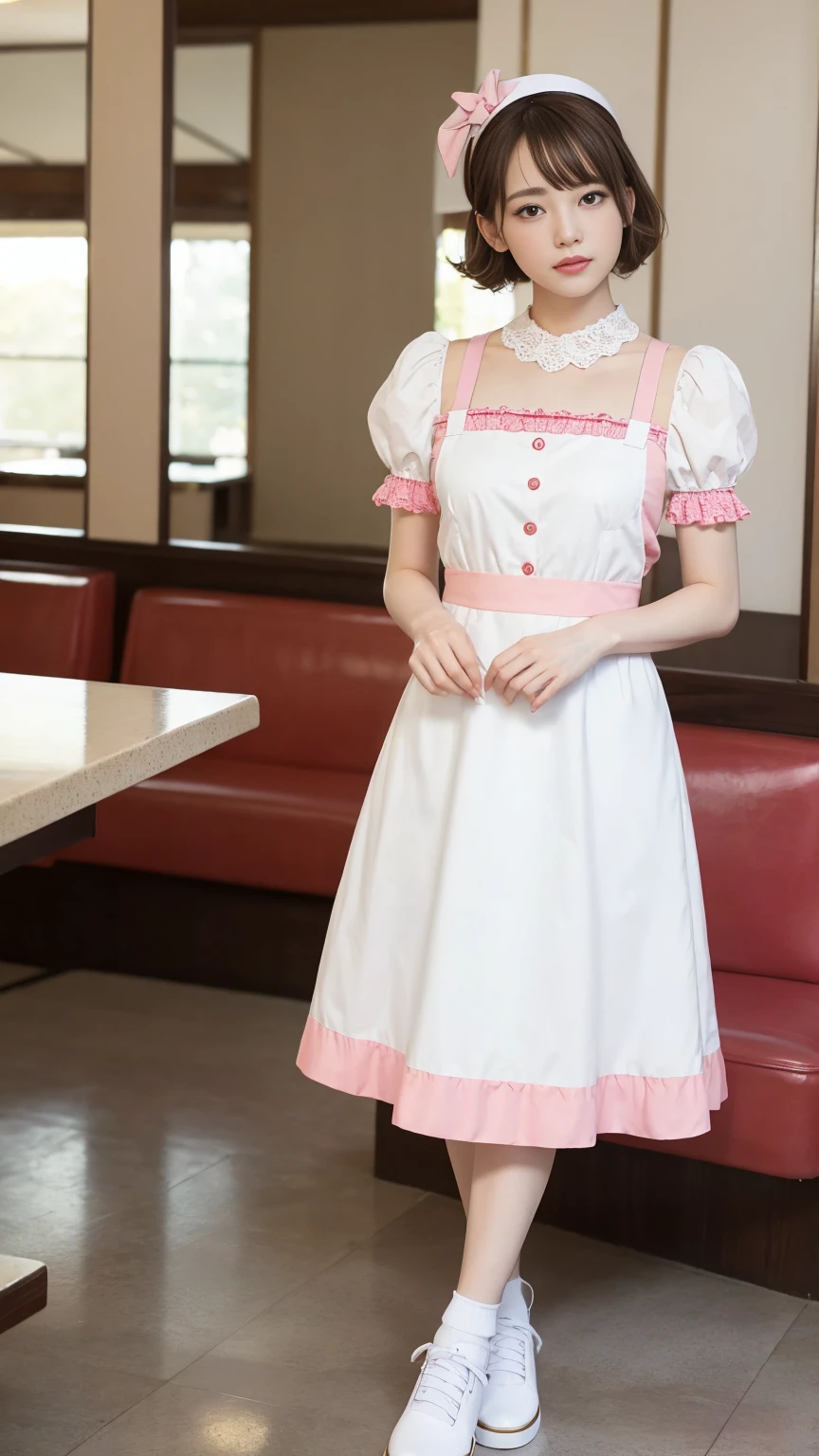 (One woman), short bob, 28 years old, Japanese, brown eyes, brown hair, slim figure, flat chest, flushed, flushed cheeks, flushed face BREAK ///Fashions Retro Diner Waitress Outfit This outfit is inspired by classic American diners from the 1950s, The waitress dress is a bright pastel color, such as mint green or baby pink, with white piping and accents, The dress is knee-length with a full, flared skirt, creating a fun and playful silhouette, The bodice features a fitted waist, a rounded collar, and short puff sleeves, BREAK A white apron with frilly edges ties around the waist, adorned with a small pocket for holding a notepad and pen, The look is completed with white, lace-trimmed ankle socks and comfortable, low-heeled, Mary Jane shoes, accessorized with a matching headband or hair scarf, BREAK
