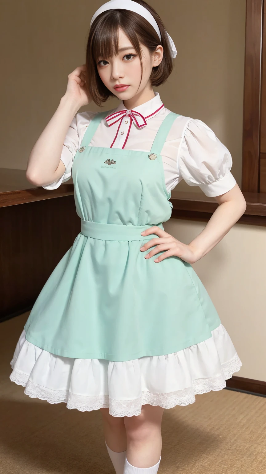 (One woman), short bob, 28 years old, Japanese, brown eyes, brown hair, slim figure, flat chest, flushed, flushed cheeks, flushed face BREAK ///Fashions Retro Diner Waitress Outfit This outfit is inspired by classic American diners from the 1950s, The waitress dress is a bright pastel color, such as mint green or baby pink, with white piping and accents, The dress is knee-length with a full, flared skirt, creating a fun and playful silhouette, The bodice features a fitted waist, a rounded collar, and short puff sleeves, BREAK A white apron with frilly edges ties around the waist, adorned with a small pocket for holding a notepad and pen, The look is completed with white, lace-trimmed ankle socks and comfortable, low-heeled, Mary Jane shoes, accessorized with a matching headband or hair scarf, BREAK