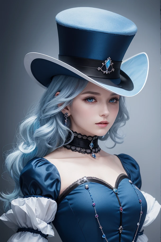 There is one who has short wavy white hair with some blue highlights, they will be blue on the feminine side with some stones and she wears a blue top hat, also dark blue, the clothes and the top hat with some pieces with some precious stones on the top hat and on the clothes and she has the power of water