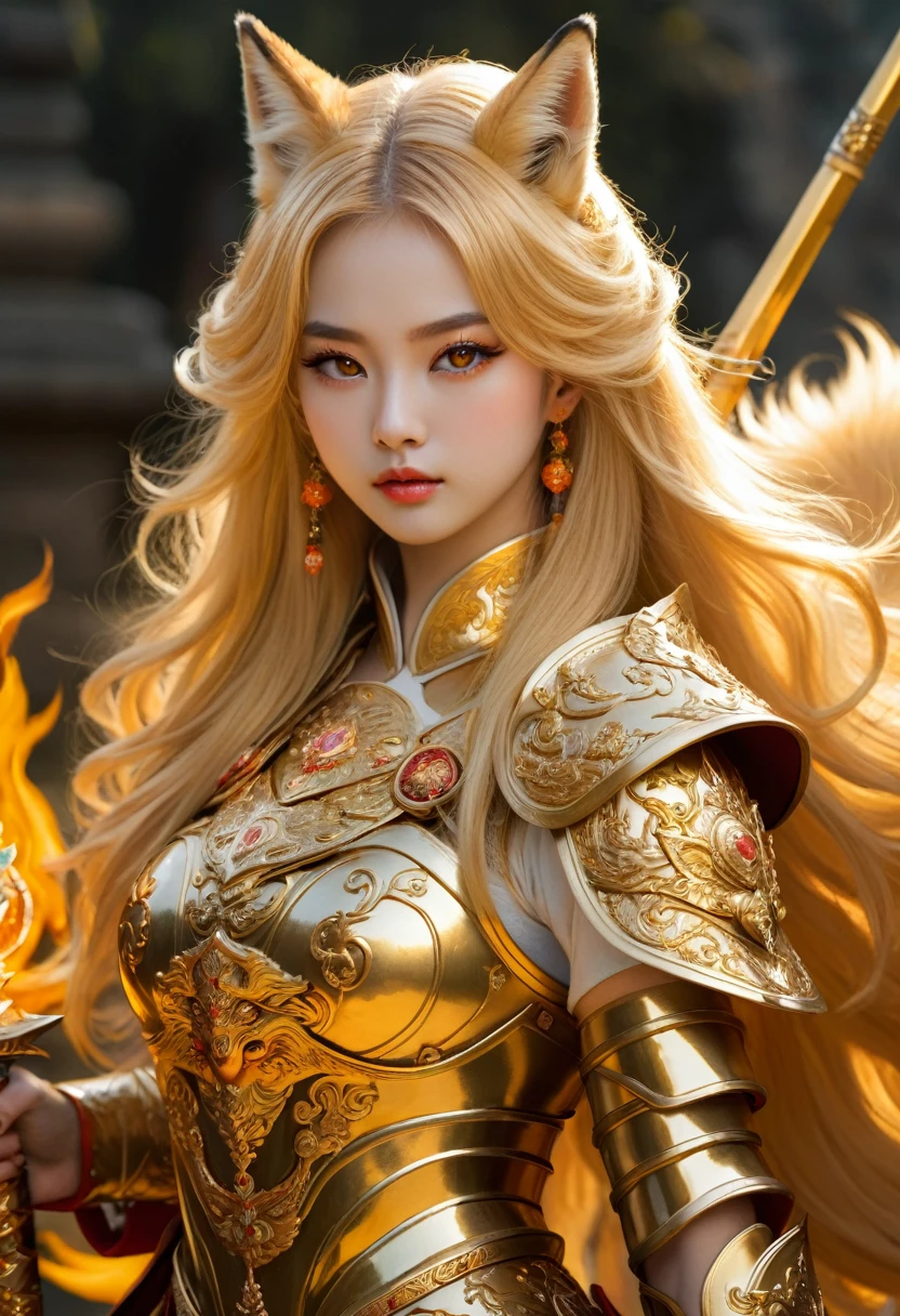 Golden Nine-Tail-Fox-Girl, (bright golden hair), ((big hair)), double eyelid, perfect figure, beautiful face, perfect skin, golden eyes, Princess of Spirits, in perfect half body, carrying an intricate shield and a flaming sword, The Golden Age, (armor made of Gold and jewels)