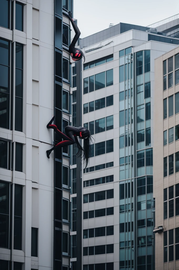 Spider girl with black hair facing away from a building
