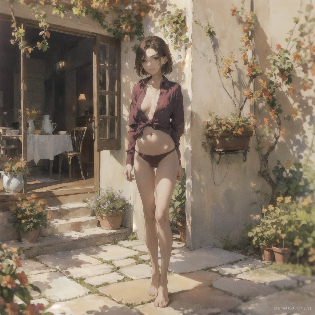 Exquisite (slim) a thin, tender girl of  with a perfect gentle face of the southern type (with short dark burgundy hair) with freckles (with ruby earring) in the rays of the rising sun, naked with tender bare breasts with pink swollen nipples ((barefoot)) ((in an unbuttoned open burgundy shirt over a naked body and in small burgundy panties)) (on the veranda in the garden) Drinks ((coffee)) and looks at the flowers, in watercolor style, discreet light shades, Flares, (imitation of film photography), against the sun, a lot of sun glare, light fills the frame, olive and grape groves, strong wind, Brick Road, high image quality, Maximum detail, sunset lighting, Warm evening shades, (warm golden and olive sunset light), big space eyes, olive and grape groves, Brick Road, ((чашки с coffee и coffeeйники у домика)), (brick house), (coffee)