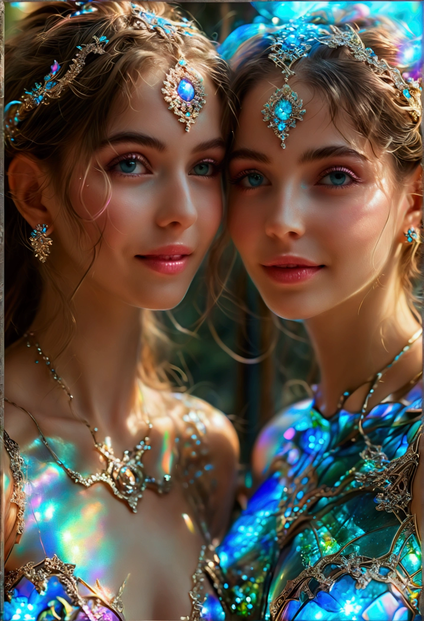 (Two beautiful age italian girls:1.6), Close friends, (They are hugging each other:1.2), Kiss her cheek or chest,(Detailed iridescent bodysuit with beautiful fractal or marble design:1.5), Incredible and spectacular scenes, ((High quality)), ((Detailed)), ((Fantasy)), Blue Plasma Brain, Green Plasma Body, Vulgarity, beutiful breast, obscenity, (Lewd smile:1.2), coarse, Obscene, mean, (raunchy:1.2), (Immoral:1.2), Lachish, (small breasts with beautiful raised pink areolas,,,:1.5), (Cameltoe), (Expression of ecstasy:1.2), Photorealistic, Official art, unity 8k wall paper, 8K Portrait, Best Quality, Very high resolution, (Incredibly beautiful nature background:1.6), (18 years old:1.5), (Sexy and glamorous:1.1), (A coquettish expression:1.6), (seductively smiling:1.6), (erotic posing:1.9), (Model Posing:1.8), Beautiful seductive face, Portrait, (Thick eyebrows:1.4), (Big scarlet eyes:1.2), Beautiful eyes with fine symmetry, (Ultra detailed eyes:1.4), (High resolution blue eyes:1.1), Intimate face, (ultra detailed skin texture:1.4), White skin, pale skin, Perfect Anatomy, Thin, (Beautiful toned body:1.5), Hair Bow, (Moist skin:1.2), No makeup, (dark circles:1.1), Good anatomy, Focus Face, good-looking, (Emilia Clark:0.6) (Emma watson:0.3),(Jennifer Connelly:0.4), (sensual face:1.5), Elegant face, Nice, Dolce, (Around her neck is a simple necklace of exquisite workmanship), (Bioluminescence with brilliant brilliance:1.4), (Luminous magic circle:1.5), Ruins of an ancient castle, Shining majestic cloud masses and sky, lightning bolt, Epic Realistic, (Greg Rutkowski:0.8), (teal and orange:0.4), (Art Station:1.5), Cinematic, (nffsw:1.5), Hyper Detailed, Dramatic light, (Intricate details:1.1), Beautiful black hair, (Wearing a gauntlet with a dense and very beautiful design decorated with jewels:1.1), show cleavage
