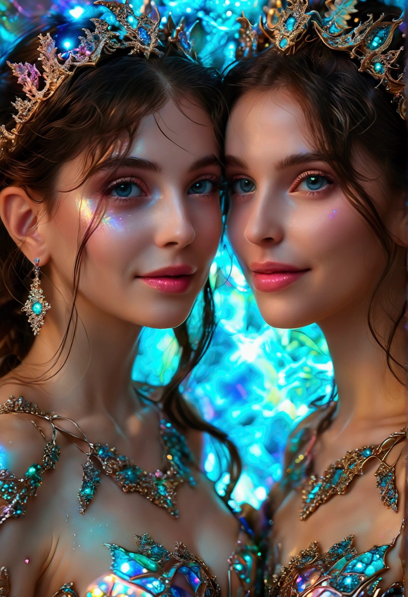 (Two beautiful age italian girls:1.6), Close friends, (They are hugging each other:1.2), Kiss her cheek or chest,(Detailed iridescent bodysuit with beautiful fractal or marble design:1.5), Incredible and spectacular scenes, ((High quality)), ((Detailed)), ((Fantasy)), Blue Plasma Brain, Green Plasma Body, Vulgarity, beutiful breast, obscenity, (Lewd smile:1.2), coarse, Obscene, mean, (raunchy:1.2), (Immoral:1.2), Lachish, (small breasts with beautiful raised pink areolas,,,:1.5), (Cameltoe), (Expression of ecstasy:1.2), Photorealistic, Official art, unity 8k wall paper, 8K Portrait, Best Quality, Very high resolution, (Incredibly beautiful nature background:1.6), (18 years old:1.5), (Sexy and glamorous:1.1), (A coquettish expression:1.6), (seductively smiling:1.6), (erotic posing:1.9), (Model Posing:1.8), Beautiful seductive face, Portrait, (Thick eyebrows:1.4), (Big scarlet eyes:1.2), Beautiful eyes with fine symmetry, (Ultra detailed eyes:1.4), (High resolution blue eyes:1.1), Intimate face, (ultra detailed skin texture:1.4), White skin, pale skin, Perfect Anatomy, Thin, (Beautiful toned body:1.5), Hair Bow, (Moist skin:1.2), No makeup, (dark circles:1.1), Good anatomy, Focus Face, good-looking, (Emilia Clark:0.6) (Emma watson:0.3),(Jennifer Connelly:0.4), (sensual face:1.5), Elegant face, Nice, Dolce, (Around her neck is a simple necklace of exquisite workmanship), (Bioluminescence with brilliant brilliance:1.4), (Luminous magic circle:1.5), Ruins of an ancient castle, Shining majestic cloud masses and sky, lightning bolt, Epic Realistic, (Greg Rutkowski:0.8), (teal and orange:0.4), (Art Station:1.5), Cinematic, (nffsw:1.5), Hyper Detailed, Dramatic light, (Intricate details:1.1), Beautiful black hair, (Wearing a gauntlet with a dense and very beautiful design decorated with jewels:1.1), show cleavage
