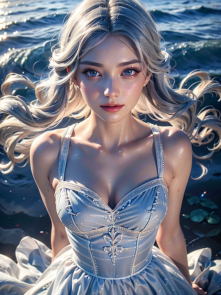 a woman with beautiful features, long grey hair, wearing a pure white dress, high quality, photorealistic, detailed portrait, extremely detailed face, beautiful eyes and lips, long eyelashes, well-proportioned body,  perfect perspective, masterpiece, 8K, photo-realistic、It is surrounded by glass-like water.