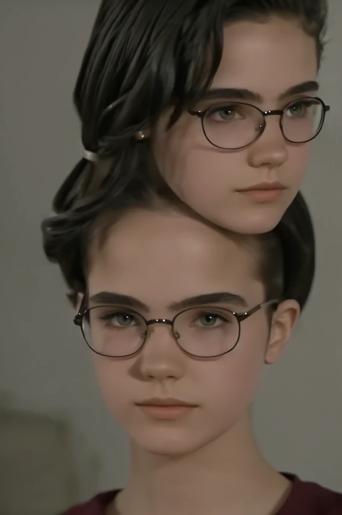 (realisitic. 2010 modern ambience. not too much yellow exposure light. pale light*) (work of art, best qualityer:1.2), Kizi, front face, standing alone. short black hair, Pixie. Kizi, very clear and crystalline green eyes, wearing Harry Potter glasses. she has short PIXIE hair and messy like a boy&#39;s messy hair, men&#39;s haircut. she is 15 years old, she is wearing an 80s outfit. adolescent. beautiful. She is thin and has a thin, bony face..
