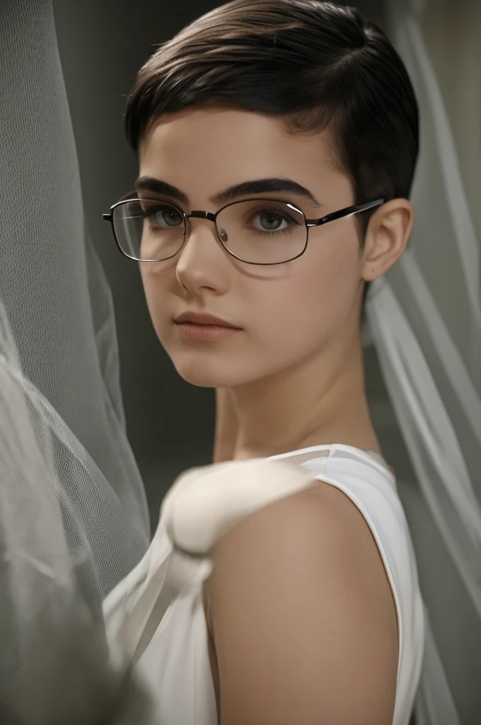 (realisitic. 2010 modern ambience. not too much yellow exposure light. pale light*) (work of art, best qualityer:1.2), Kizi, front face, standing alone. short black hair, Pixie. Kizi, very clear and crystalline green eyes, wearing Harry Potter glasses. she has short PIXIE hair and messy like a boy&#39;s messy hair, men&#39;s haircut. she is 15 years old, she is wearing an 80s outfit. adolescent. beautiful. She is thin and has a thin, bony face..
