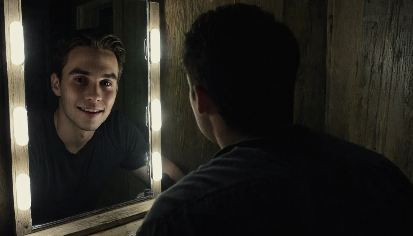 amateur photo,selfie,recording screenshot, a men solo in front of a mirror, ,side view,((the men is smiling wacthing the viewer)), ((but his reflection in the mirror is serious staring the men:1.4)),((only flaslight illumination,darker,night time:1.3)),in the night,blair witch project atmosphere, unnerving and creepy aura, disturbing aura,horror core,found footage,grainy,