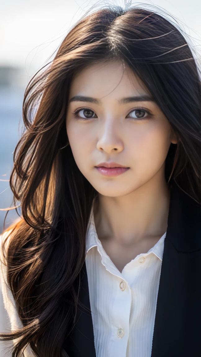 masterpiece,best quality,ultra detailed,highres,high-resolution,4k,realistic,RAW photo,((real person)),portrait photography,photorealistic,detailed skin,(delicate black eyes ), A soothing woman with sagging eyes,Calm and calm, middle hair,skinny,clothing,The wind is blowing,tareme