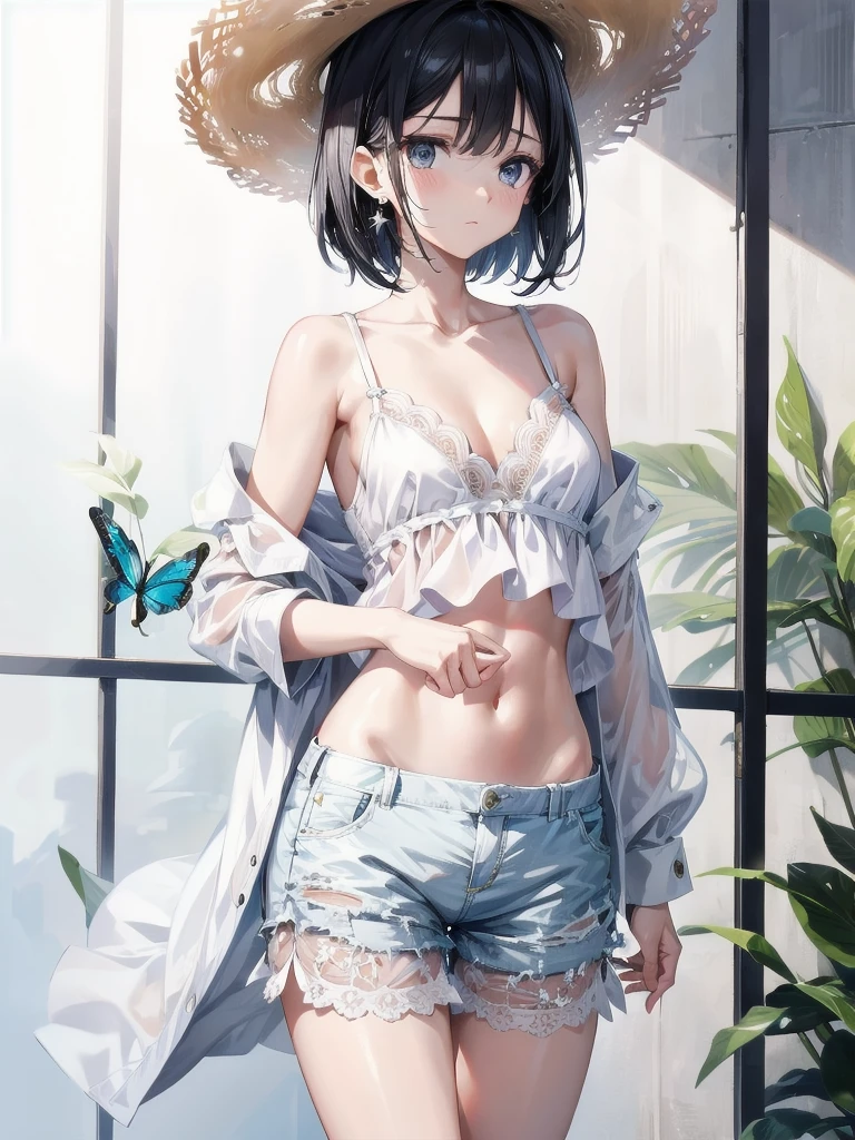 absurdres, RAW photo, extremely delicate and beautiful, masterpiece, Best Quality, ultra high resolution, 32k, hyperrealistic, ultra-detailed, perfect figure, in her 20s, very small head, very small face, delicate facial features, tearful mole, earring, huge breasts, full body shot, medium hair, black hair, Colored inner hair, casual, blouse, white shirt, buttoned shirt, bare shoulders, collarbone, midriff, navel, shorts, straw hat,