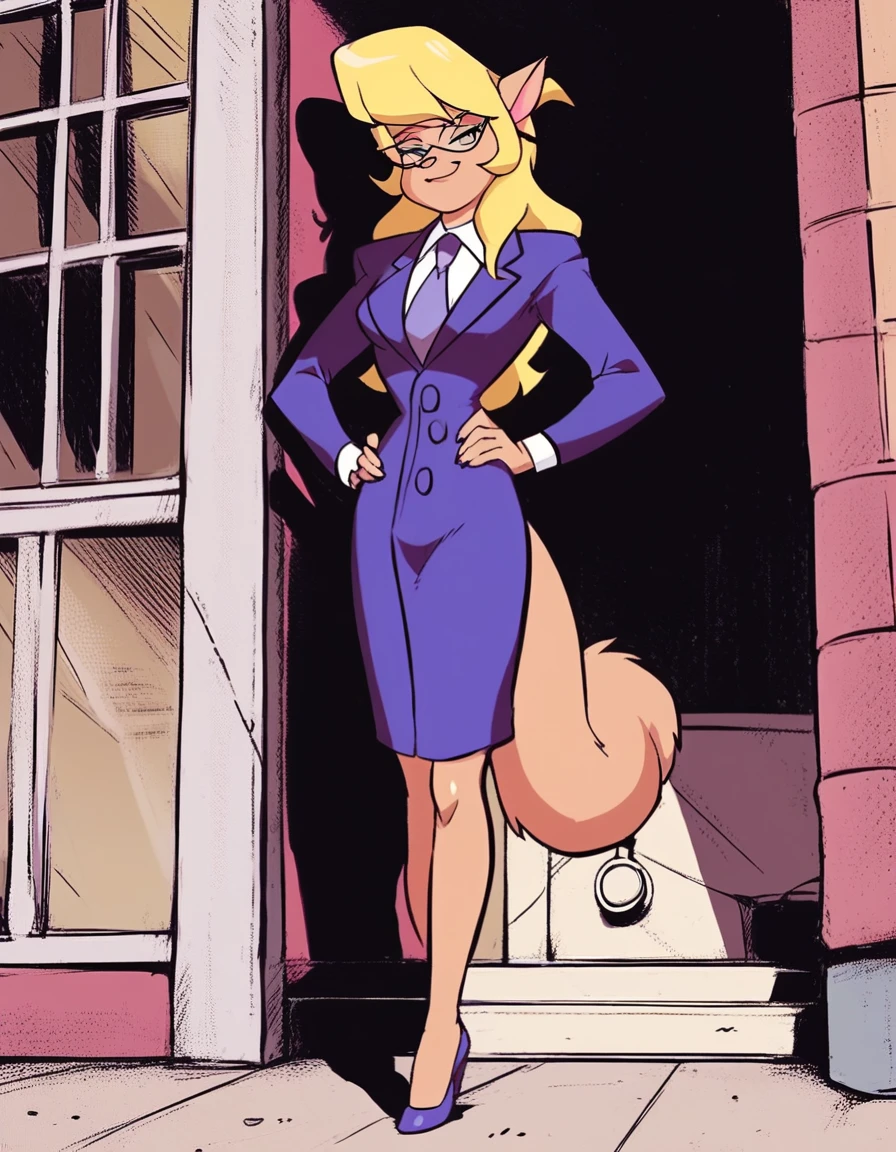 score_9, score_8_up, score_7_up, score_6_up, score_5_up, score_4_up, (Source furry),   1girl, glasses, callie briggs, detailed, detailed fur, (((skirt suit))), (((three-piece suit))), (((dress shirt))), (((necktie))), (((blazer))), (((suit jacket))), ((waistcoat)), double-breasted waistcoat, (((bodycon miniskirt))), pocket square, cufflinks, tie clip, high heels, hand on waist, sassy, smug, bedroom eyes, detailed clothing, shiny clothing