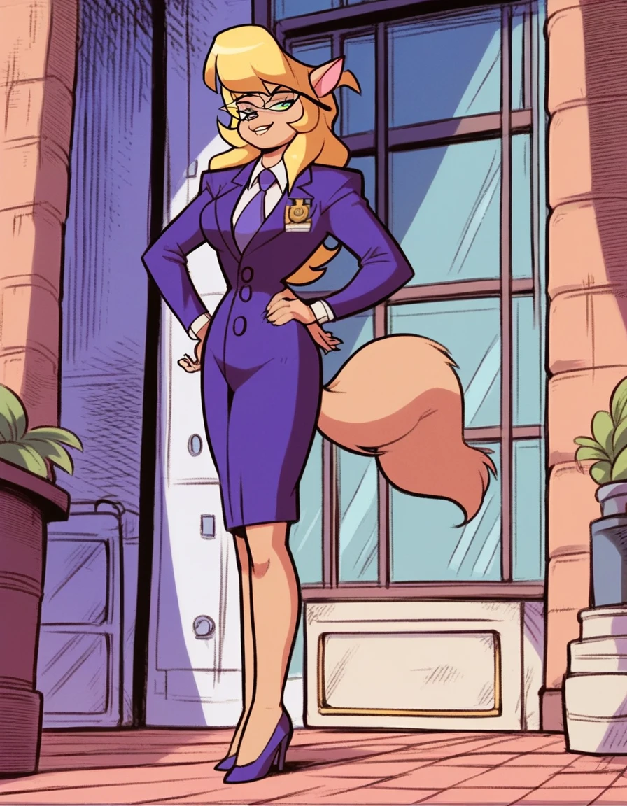 score_9, score_8_up, score_7_up, score_6_up, score_5_up, score_4_up, (Source furry),   1girl, glasses, callie briggs, detailed, detailed fur, (((skirt suit))), (((three-piece suit))), (((dress shirt))), (((necktie))), (((blazer))), (((suit jacket))), ((waistcoat)), double-breasted waistcoat, (((bodycon miniskirt))), pocket square, cufflinks, tie clip, high heels, hand on waist, sassy, smug, bedroom eyes, detailed clothing, shiny clothing