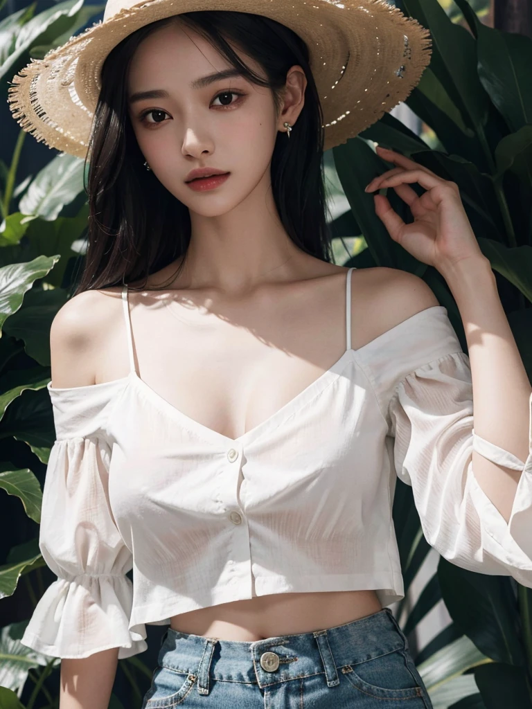 absurdres, RAW photo, extremely delicate and beautiful, masterpiece, Best Quality, ultra high resolution, 32k, hyperrealistic, ultra-detailed, perfect figure, in her 20s, very small head, very small face, delicate facial features, tearful mole, earring, ((huge breasts)), ((((full body shot)))), medium hair, black hair, colored inner hair, casual, blouse, white shirt, buttoned shirt, bare shoulders, collarbone, midriff, navel, shorts, straw hat,