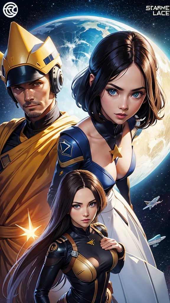 Reimagine the "Star Trek: The Original Series" crew in an anime style, with expressive eyes, dynamic poses, and a touch of interstellar adventure. Look to the anime series' dynamic styles for inspiration. enormous tits