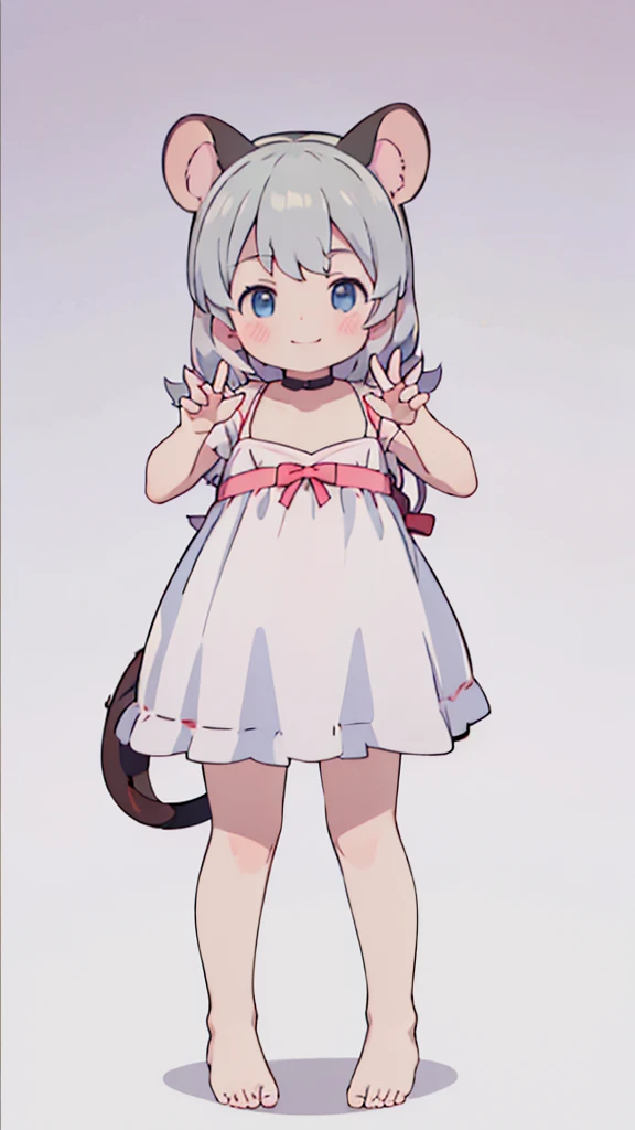 ((masterpiece))((Highest quality))Mouse Ears、girl、smile、blush、Flat Chest、Are thin、、low length、Gray Hair、blush、Are standing、Whole body image、Even your toes are visible、Eye level on face、front、No background、Mouse pose、真frontのアングル