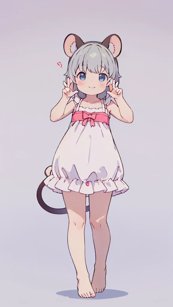 ((masterpiece))((Highest quality))Mouse Ears、girl、smile、blush、Flat Chest、Are thin、、low length、Gray Hair、blush、Are standing、Whole body image、Even your toes are visible、Eye level on face、front、No background、Mouse pose、真frontのアングル