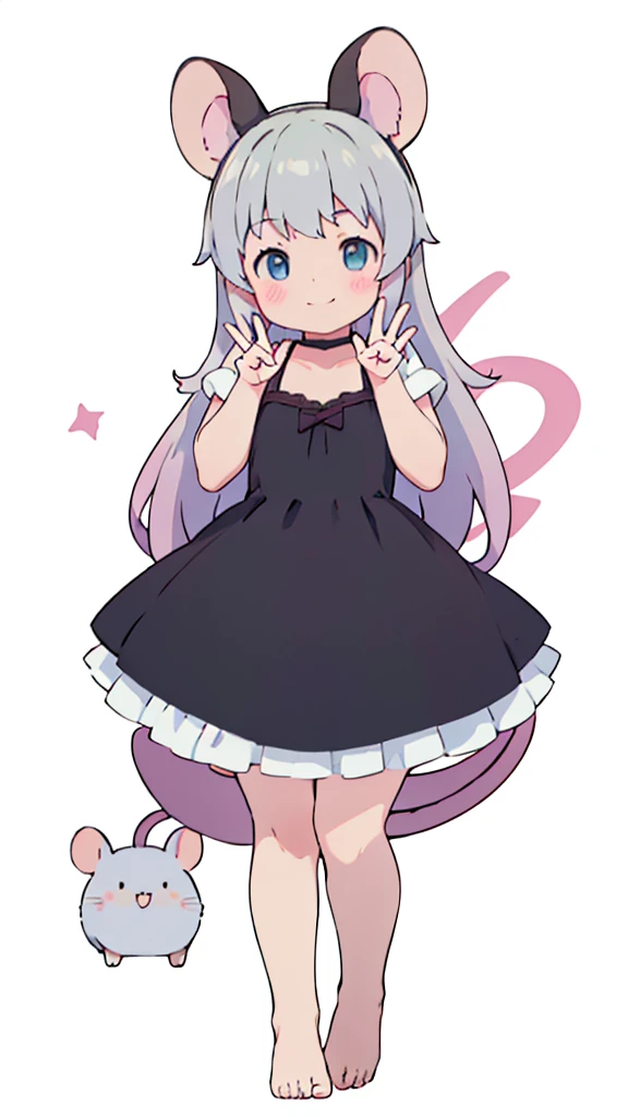 ((masterpiece))((Highest quality))Mouse Ears、girl、smile、blush、Flat Chest、Are thin、、low length、Gray Hair、blush、Are standing、Whole body image、Even your toes are visible、Eye level on face、front、No background、Mouse pose、真frontのアングル