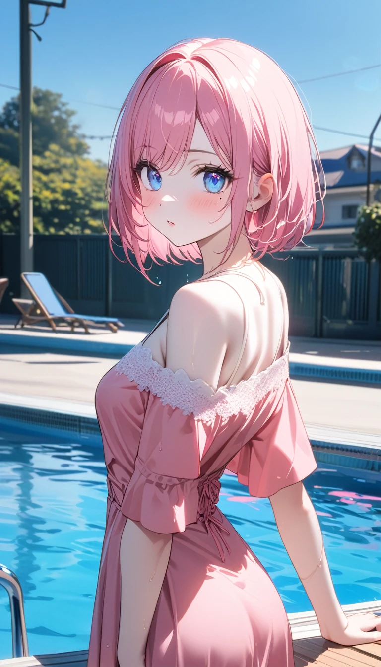 (1 girl),(Best Picture Quality, 8K, Masterpiece:1.3), (high school student:1.5), ((pink lob hair:1.1)), (bob cut),(swept bangs), (cute eyes, pupil black, iris skyblue, youthful face), (mole under right eye), (standard weight), (small breasts), (glistening skin:1.1),(pale skin:1.2), (poolside), ((off shoulder lace up pink dress)),(wet:1.1),((fractal art)).