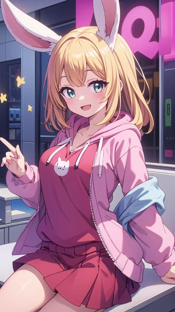 Masterpiece, best quality, high resolution, white bunny ears, blond hair, pink hoodie, red top, red pettiskirt, open mouth, smile,