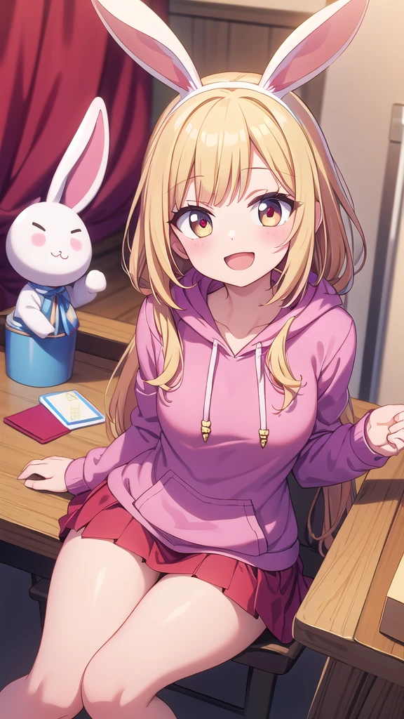 Masterpiece, best quality, high resolution, white bunny ears, blond hair, pink hoodie, red top, red pettiskirt, open mouth, smile,