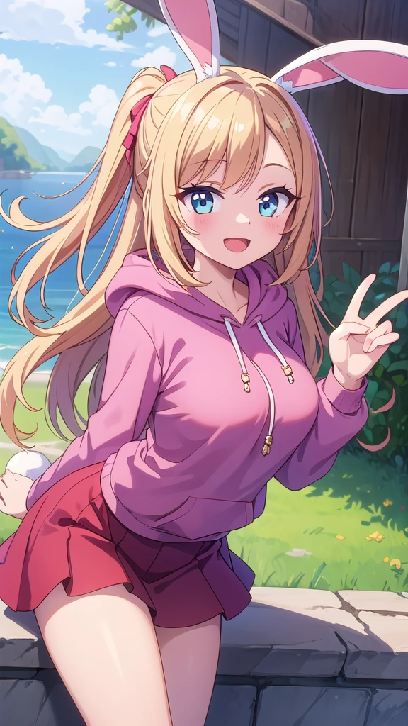 Masterpiece, best quality, high resolution, white bunny ears, blond hair, pink hoodie, red top, red pettiskirt, open mouth, smile,