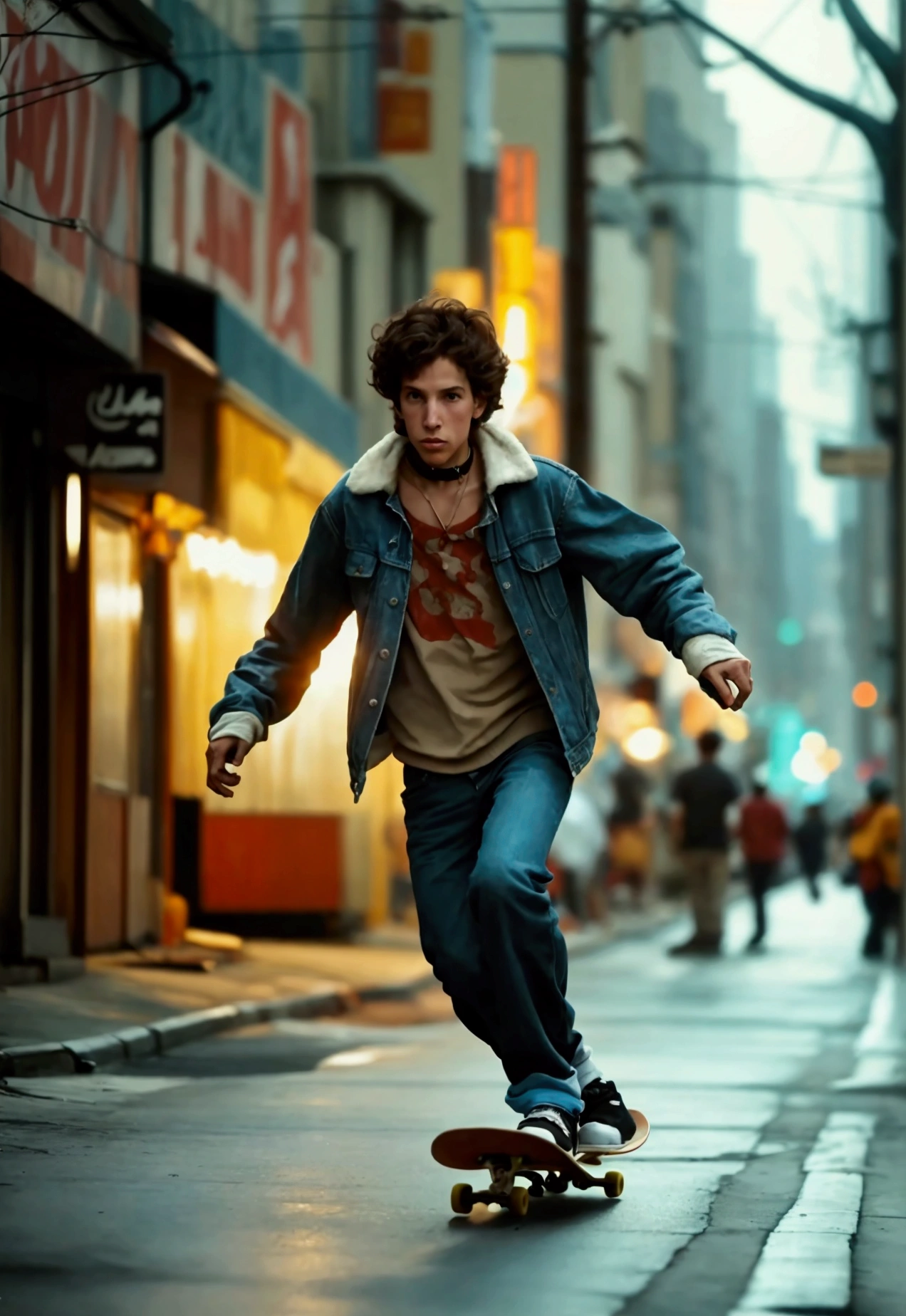 There is a man riding a skateboard down the street, in style of Joel Meyerowitz, campaña like boys, style of Joel Meyerowitz, Jamil Shabazz, por Glen Angus, Ralph Goings, Joel Meyerowitz, skater style, annie leibowitz, inspired by Bruce Gilden, michael bair, Bronson Action