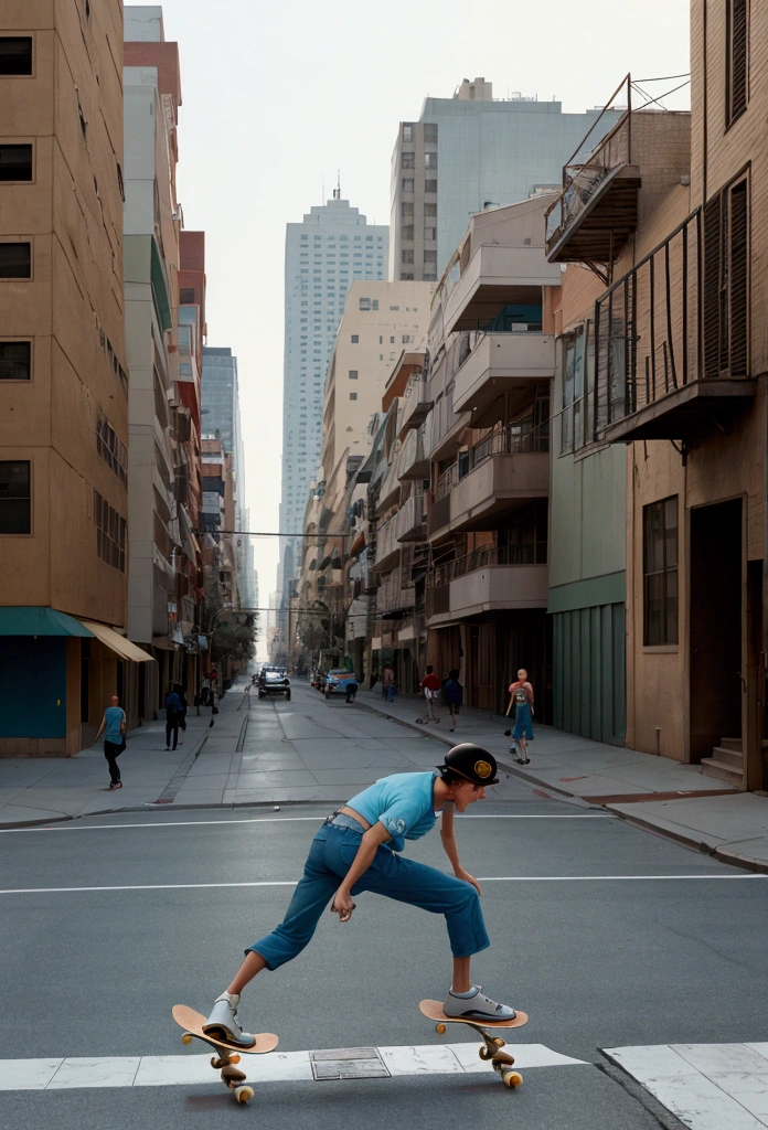 There is a man riding a skateboard down the street, in style of Joel Meyerowitz, campaña like boys, style of Joel Meyerowitz, Jamil Shabazz, por Glen Angus, Ralph Goings, Joel Meyerowitz, skater style, annie leibowitz, inspired by Bruce Gilden, michael bair, Bronson Action
