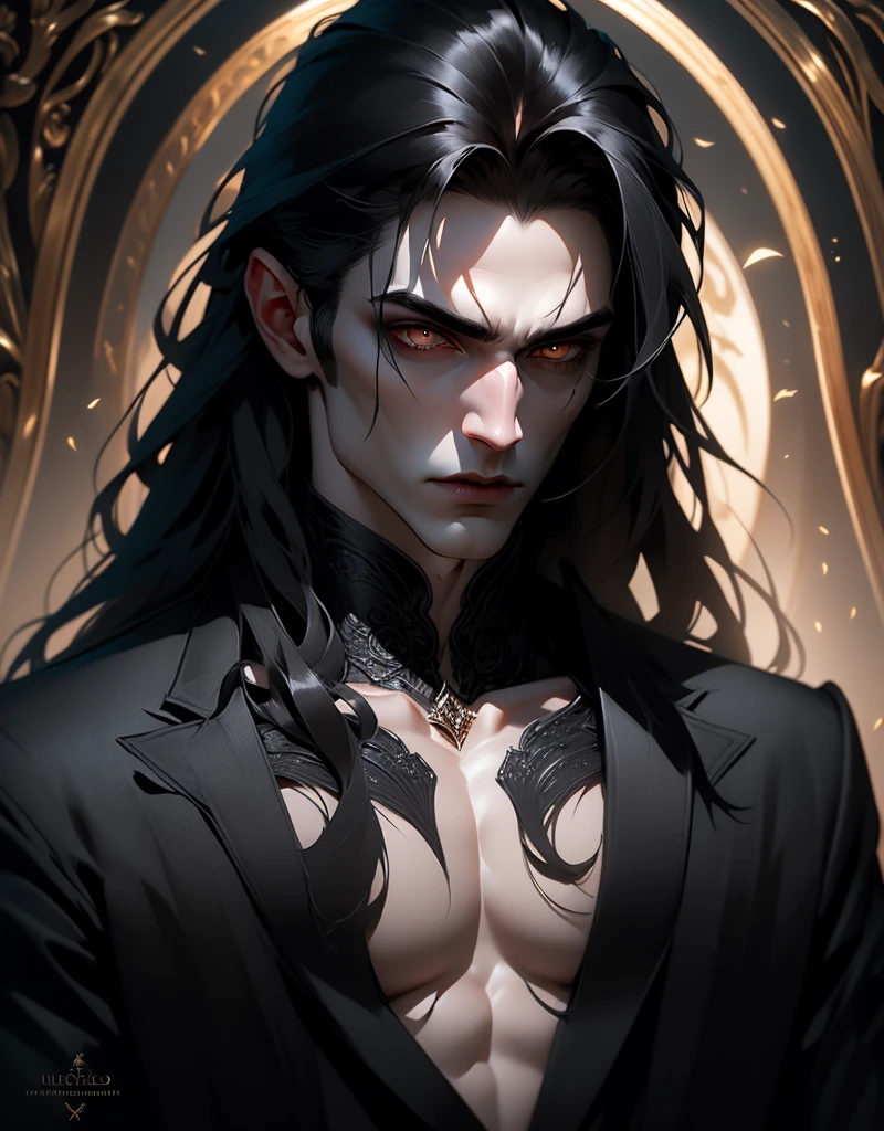 {anatomy}(Masterpiece - Ultra-detailed, very high resolution) Prepare to be enchanted by a true masterpiece that combines ultra-detailed art with high-resolution rendering. This work portrays a vampire man with long black hair (1.3) and captivating golden eyes (1.2), emanating an aura of mystery in decadent settings. The intricate details and realistic textures invite you to explore every aspect of this enchanting composition. Vampire man wearing black. Serious expressions. Pale skin like a vampire.
