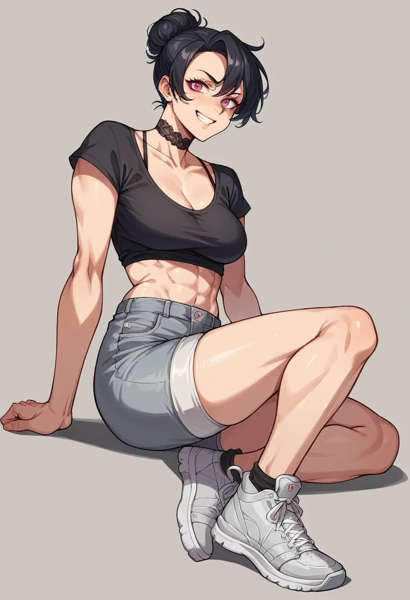 Picture a young woman around twenty years old, with short black hair that's been styled into a messy bun at the top of her head. Her skin is pale with a hint of rosy cheeks and a smirk permanently etched onto her lips, accompanied by expressive pink eyes. In the picture, she's wearing a skintight black shirt with a black bra strap prominently displayed, revealing the curves of her body. Paired with that, she wears a torn pair of grey shorts, showcasing her toned legs, along with black lace choker around her neck and grey sneakers. She exudes a mix of confidence, cute