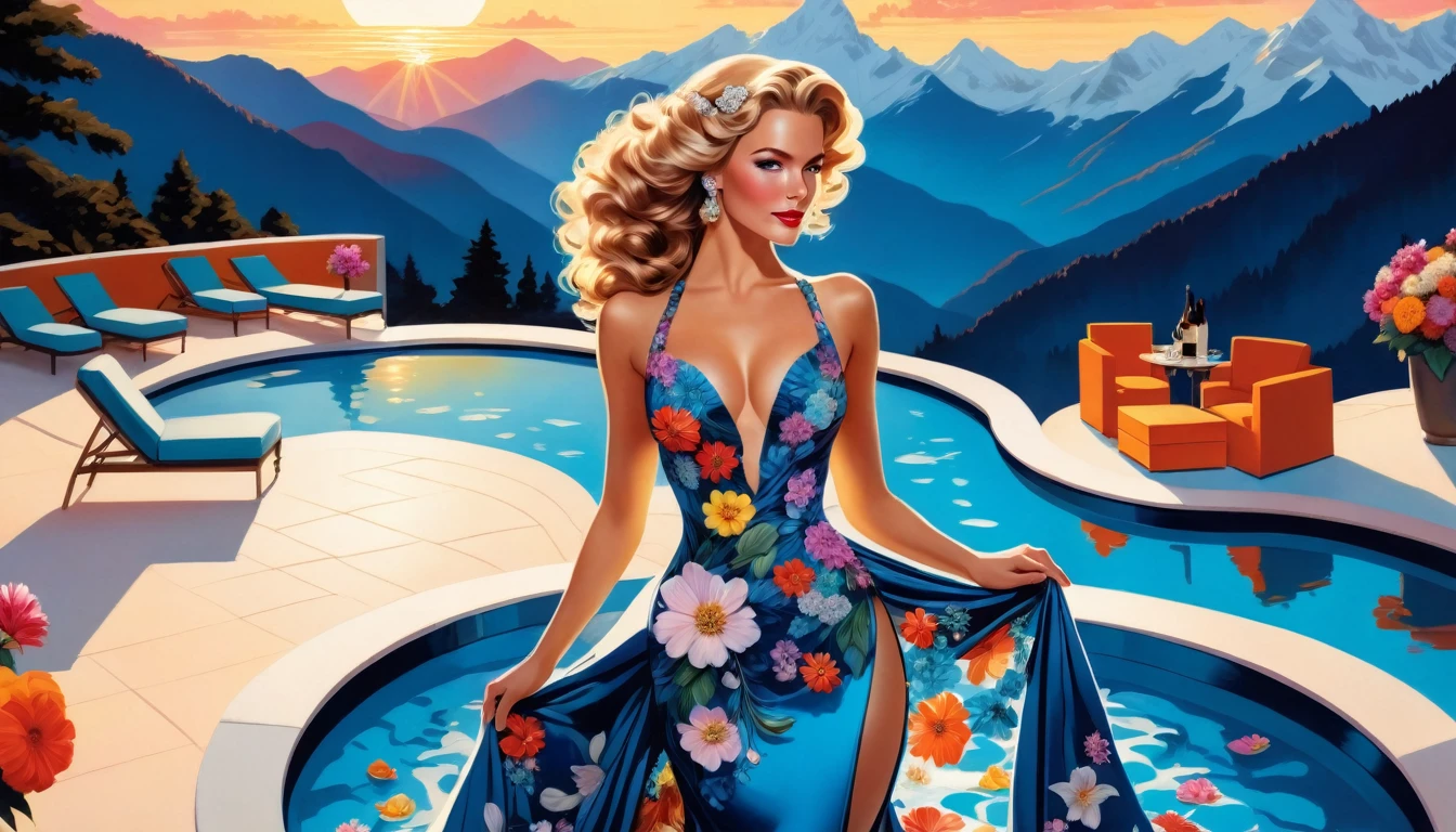 an ultra wide award winning picture of an elite glamour woman in a pool party in a high society pool on a snowy mountain, a most beautiful woman  ((anatomically correct:1.5)), blond hair, rich hair, wavy hair, deep blue eyes, wearing a bathing suit dress, intricate bathing suit, dynamic color, decorated with flowers, decorated with diamonds, sense of prestige, high class, holding a glass of wine, wearing elegant high heels, in a rich high society pool party, large infinity pool in hotel roof, in a resort on a snowy mountain, sun setting down, torches around the pool, and other party goers snow mountain in the background,  Wide-Angle, award winning, best quality, high quality, high details, highres, vibrant, Ultra-high resolution, High Contrast, (masterpiece:1.5), highest quality, Best aesthetics), best details, best quality, highres, ultra wide angle, 16k, [ultra detailed], masterpiece, best quality, chumbasket art style, flower dress
