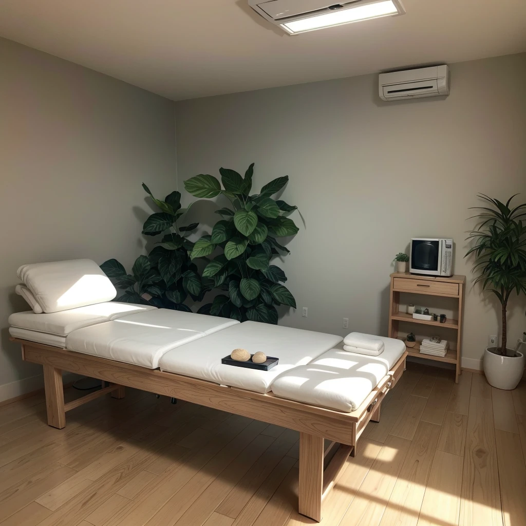 make a massage spa room with the size of 5x5 square meters with gray walls, an air conditioner and artificial plants below a massage table and at the back of the room an office table with a notebook on top with a window right behind