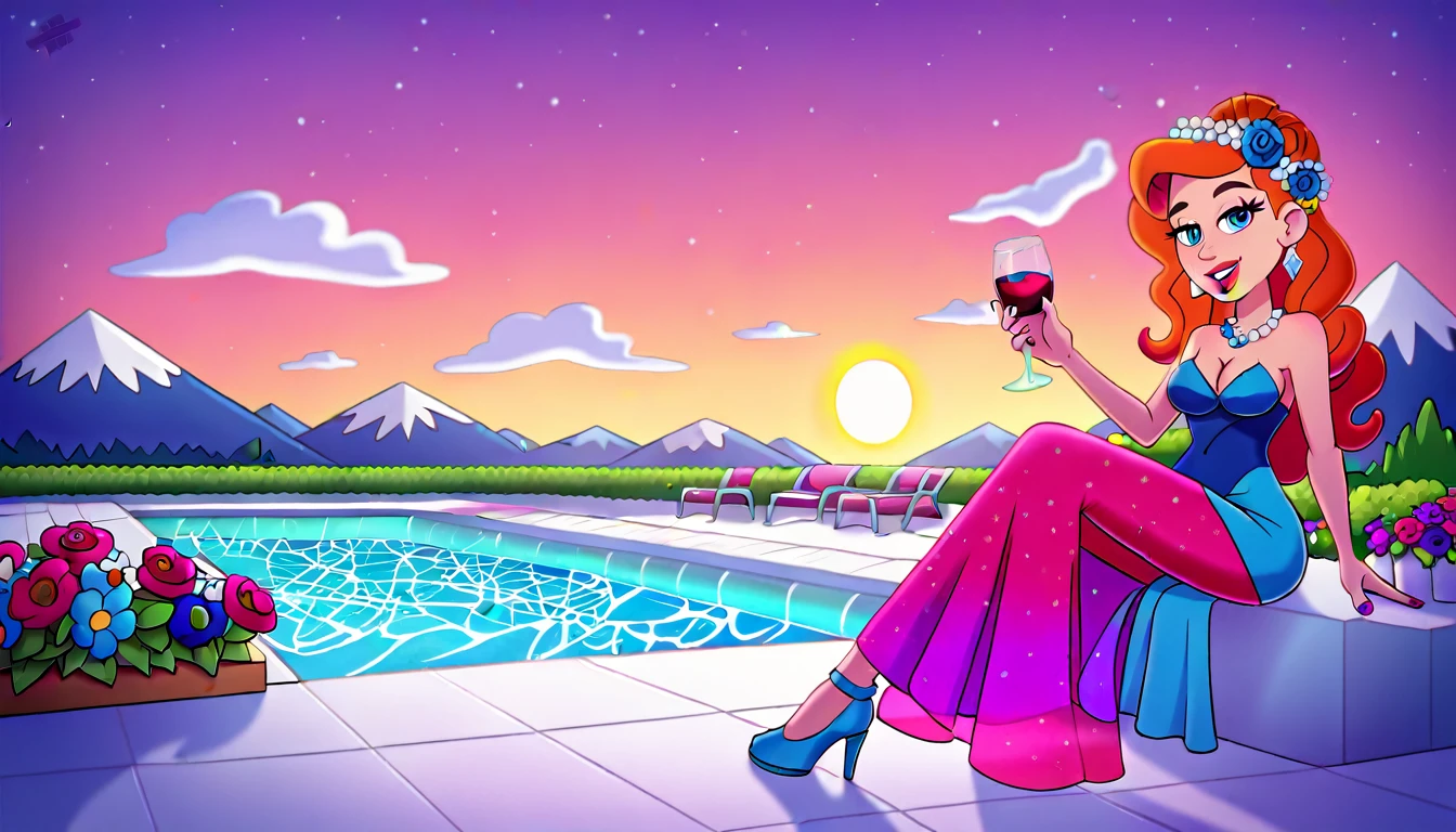an ultra wide award winning picture of an elite glamour woman in a pool party in a high society pool on a snowy mountain, a most beautiful woman  ((anatomically correct:1.5)), blond hair, rich hair, wavy hair, deep blue eyes, wearing a bathing suit dress, intricate bathing suit, dynamic color, decorated with flowers, decorated with diamonds, sense of prestige, high class, holding a glass of wine, wearing elegant high heels, in a rich high society pool party, large infinity pool in hotel roof, in a resort on a snowy mountain, sun setting down, torches around the pool, and other party goers snow mountain in the background,  Wide-Angle, award winning, best quality, high quality, high details, highres, vibrant, Ultra-high resolution, High Contrast, (masterpiece:1.5), highest quality, Best aesthetics), best details, best quality, highres, ultra wide angle, 16k, [ultra detailed], masterpiece, best quality, chumbasket art style, flower dress