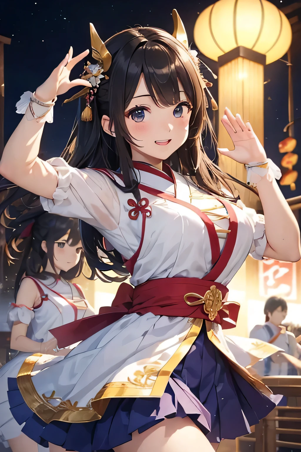 Highest quality、High resolution、Detailed Background、 beauty、Detailed face、Anatomically correct、(Normal number of fingers:1.2)、(Huge breasts:1.2)、cute hair color、Bun Hair、Perfect body line、(Lively girl dancing at the Bon Odori festival:1.5)、(Dance with your fingers together, hands together and raised high:1.5)、night、Festivals、A big smile、Cute patterned yukata、dancing lively、Waving your hands back and forth、Waving your hands left and right、Coordinated hand and foot movements、Traditional Japanese summer festivals、Bon Odori is held at night, so lanterns and other lights are lit up, creating a fantastic atmosphere.、cute