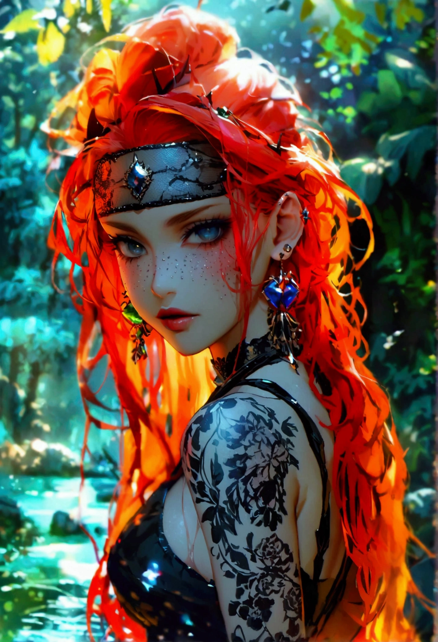art modern 8k full HD Girl Naruto crut espetado hort raspado baixo molhado com gel yelow pred brilhante hair alce horns, hair diamond , black fire eyes fair skin smooth metal earrings, patterned induan evil face + tatuagem de cobra em volta dos olhos head raised elegant standing stunning beauty, pure perfection night On the water half body, forest, depth of field, staring at the camera, two-dimensional desenho a lápis 8b giz de cera em grafite perfeito riscos fortes style