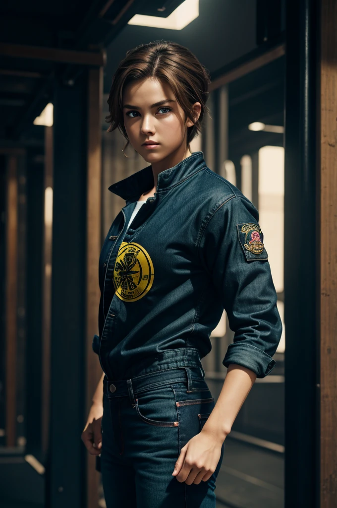 HDR, Dragon Ball, warrior, anime, 2K, 4k, 8k, Masterpiece, high resolution, Detailed reflections, 1 girl, Alone, Delgado, athletic, light brown hair, short hair, {detailed green eyes}, {highlight light brown hair}, perfect, Perfect eyes, {beautiful detailed face}, red or navy blue jacket, dark blue t-shirt, black denim pants, night city background, cinematographic, standing, martial artist intention, hands, adolescent, realist, {clear and detailed face}