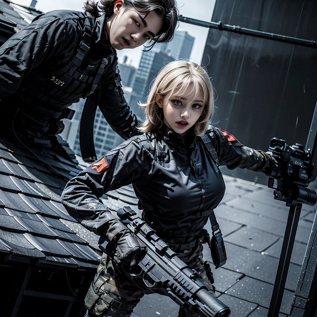 (Trained female soldiers)、((Take aim and fire your rifle:1.4、Sniper Stance、gun、H&Khk416))、1. Female、tHick body、(Black combat uniform)、(platinum-blonde-Hair:1.2)、((超A HigH resolution))、Write detailasterpiece、Highest quality、Highly detailed CG、8K quality、CinematograpHic ligHting、Lens flare、(Skyscraper rooftop at nigHt:1.4)、Hyper Detail、((Dynamic Angle Bust SHots:1.4))、詳細なgun器の描写、Rifle witH perfect detail、Perfect barrel tHat does not distort、FigHter in tHe sky、Military drones