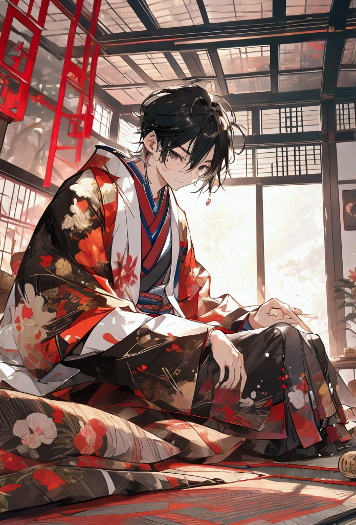 “Create a colorful illustration of two Japanese boys in a cozy living room setting. The 9-year-old younger brother is animated and mischievous, excitedly playing a video game. The 12-year-old older brother is sitting next to him, holding a game controller, looking slightly exasperated but still engaged in the game. The younger brother has a playful expression, and the older brother has a mix of amusement and mild frustration on his face. The room should have typical elements of a Japanese household, such as tatami mats or sliding doors.”