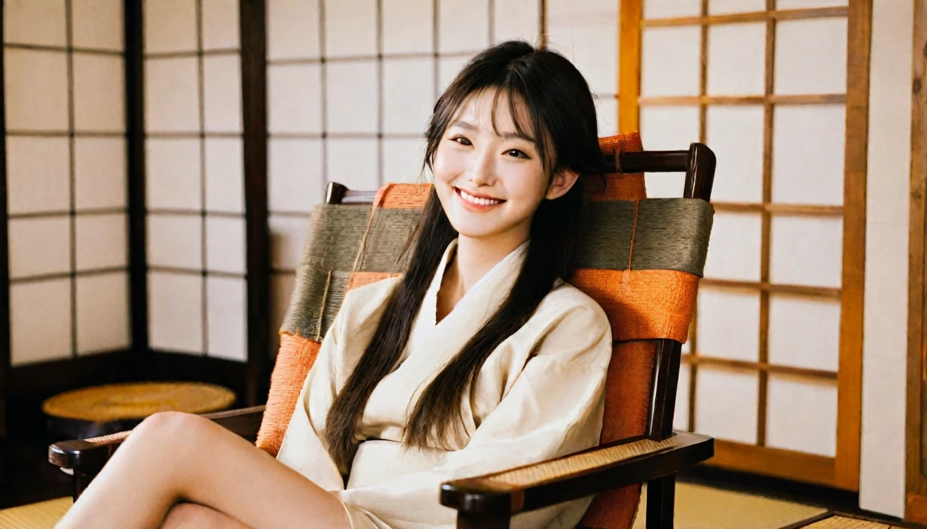 (best quality, masterpiece, ultra detailed, ultra high res, photorealistic, raw photo, absolutely resolution), smile, warm colors, 20 year old woman, Japanese, sitting in a chair, looking straight at me