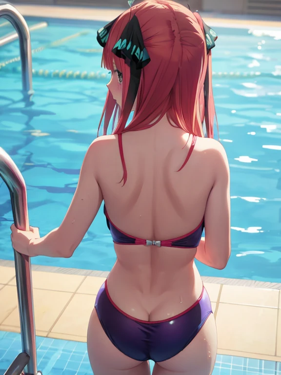 best quality, insanely detailed, nino nakano, one piece swimsuit, breasts, blush, swimming pool background, back style