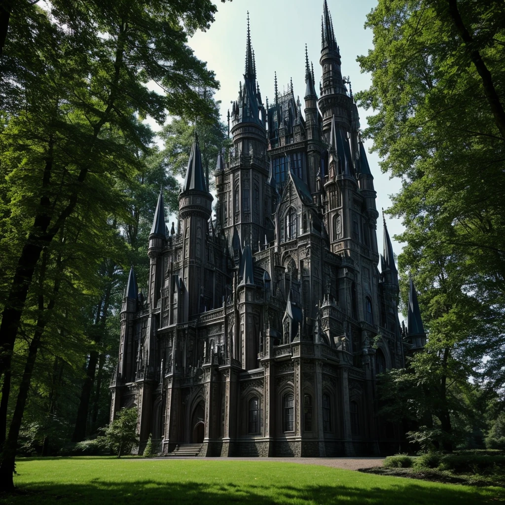 Castle with gothic and futuristic features in the forest