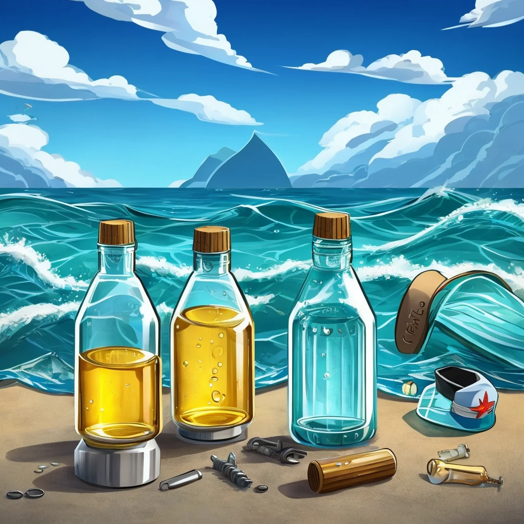 I would like a graduated bottle the bottle must be made of metal, a bottle with a simple cap that screws on without images on it, a simple water bottle that can be found everywhere in solid and effective materials with a wave on top in the aquatic theme . in the cartoon style