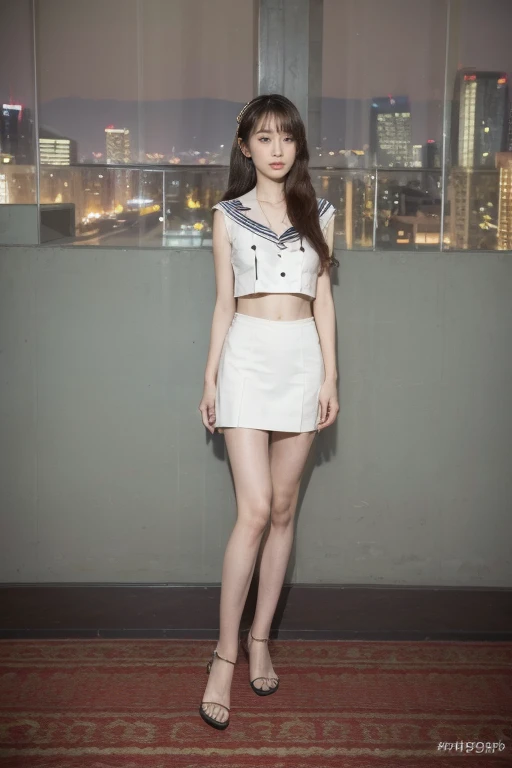 ((original photography:1.2)),Photographed by mobile phone,RAW photos,Night view of Beijing,1 Girl, Perfect body,Full body portrait,Fashion的头发, Very long hair, delicate eyes, Side Light, Sweating,With a mask, Medium breasts,Fashion的水手服,(Sophisticated Sailor Suit、embroidery、stripe、pattern、Fashion、Hollow),Long slender legs