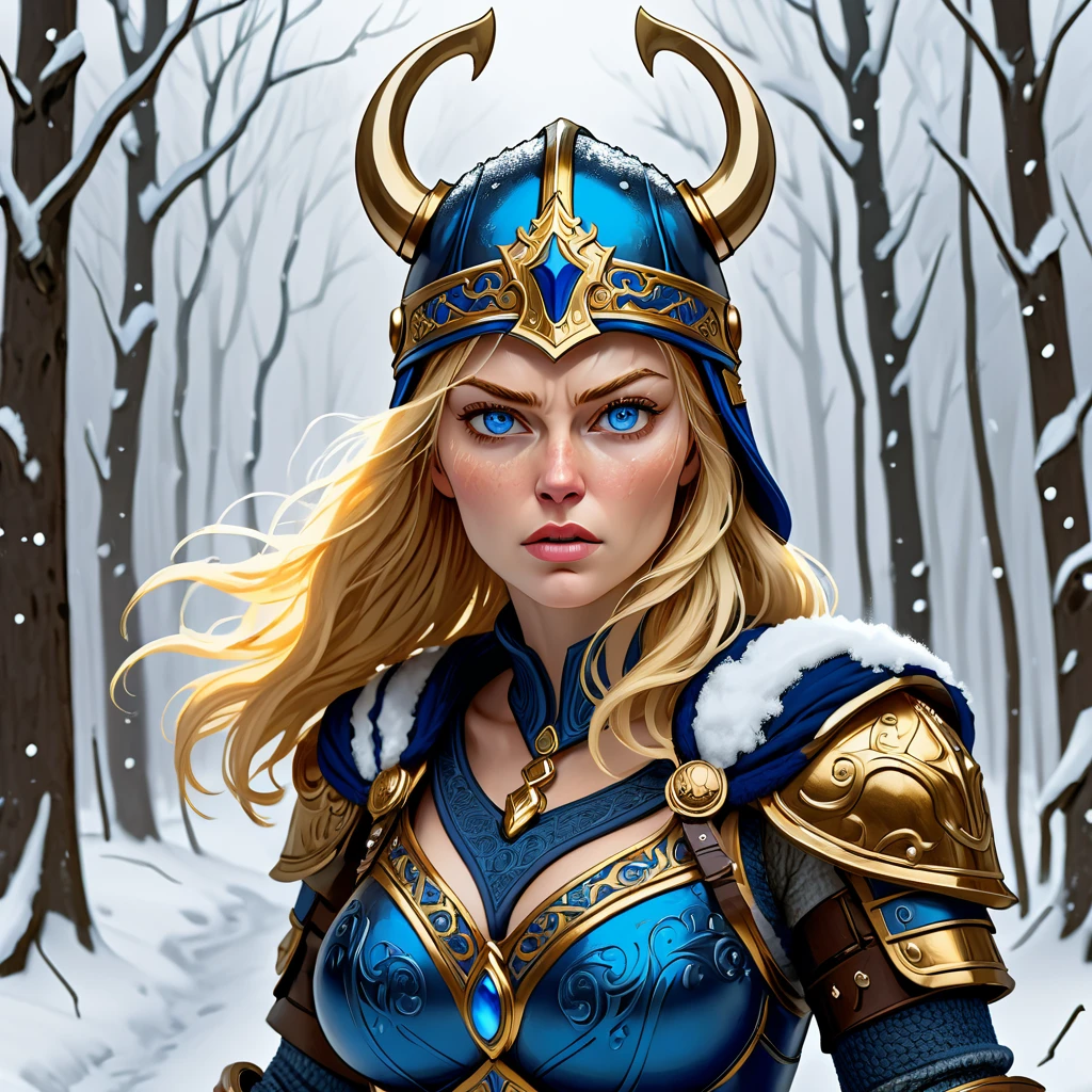 A blonde woman, (glowing blue eyes), she wears (shiny dark blue armor) with gold trim, reflective surface, intricate details, Viking helmet covers her head, (deep vneck and exposed cleavage). Stern expression, fists clenched by her sides. (detailed hands and fingers, gold gauntlet). show her walking through a snowy forest, snow storm, blowing wind
