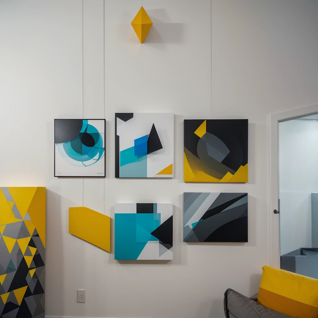 "Create a high-resolution, professional-quality piece of abstract art featuring a dynamic composition of bold colors and geometric shapes. The artwork should incorporate a harmonious blend of vibrant hues such as blues, reds, yellows, and greens, balanced with contrasting tones like black, white, and gray. Utilize a variety of shapes—circles, triangles, and rectangles—overlapping and intersecting to create a sense of depth and movement. Include textured elements and gradients to add visual interest and complexity. The overall design should be modern and versatile, evoking a sense of creativity and energy, making it ideal for use in home decor, corporate branding, and contemporary design projects on stock photography platforms."