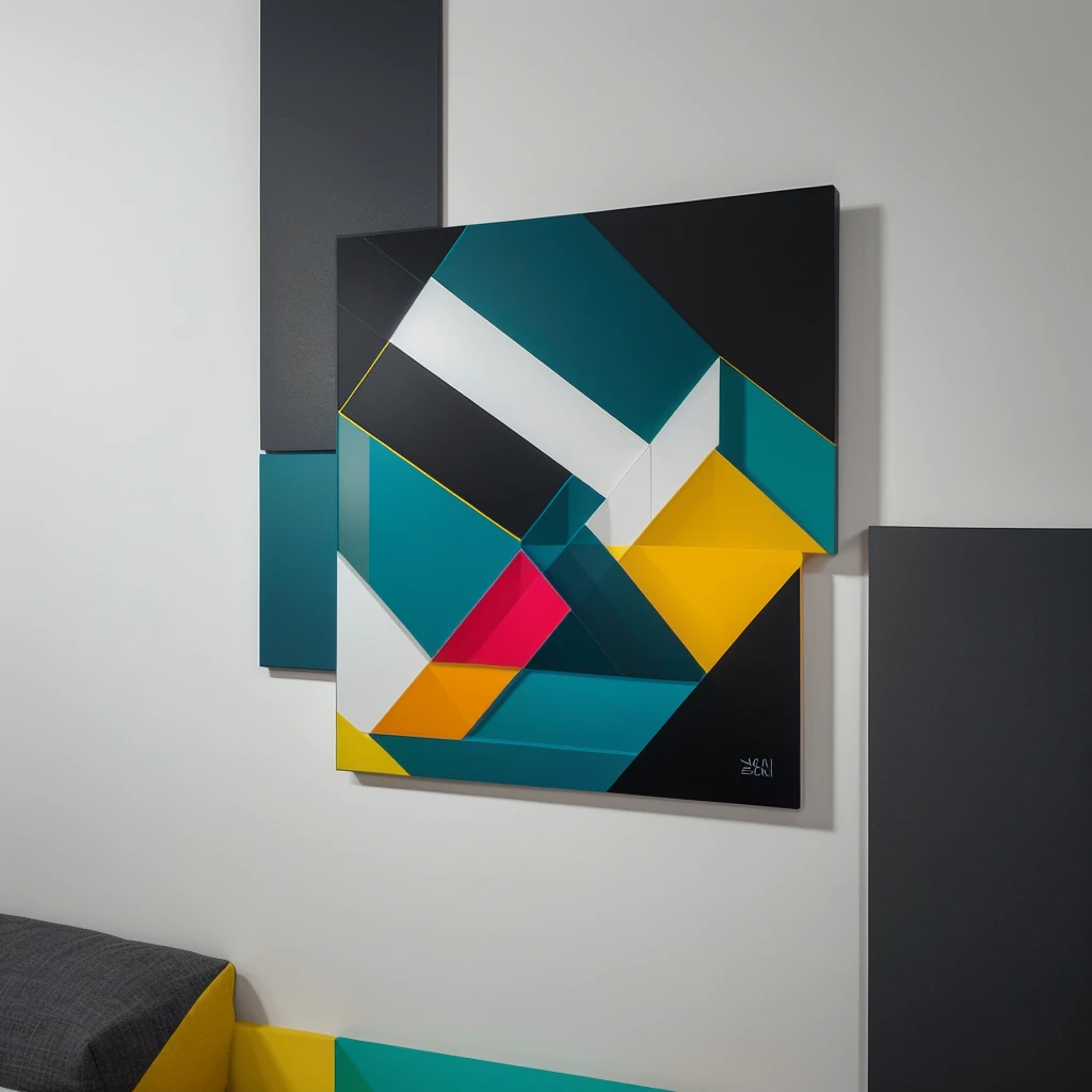 "Create a high-resolution, professional-quality piece of abstract art featuring a dynamic composition of bold colors and geometric shapes. The artwork should incorporate a harmonious blend of vibrant hues such as blues, reds, yellows, and greens, balanced with contrasting tones like black, white, and gray. Utilize a variety of shapes—circles, triangles, and rectangles—overlapping and intersecting to create a sense of depth and movement. Include textured elements and gradients to add visual interest and complexity. The overall design should be modern and versatile, evoking a sense of creativity and energy, making it ideal for use in home decor, corporate branding, and contemporary design projects on stock photography platforms."